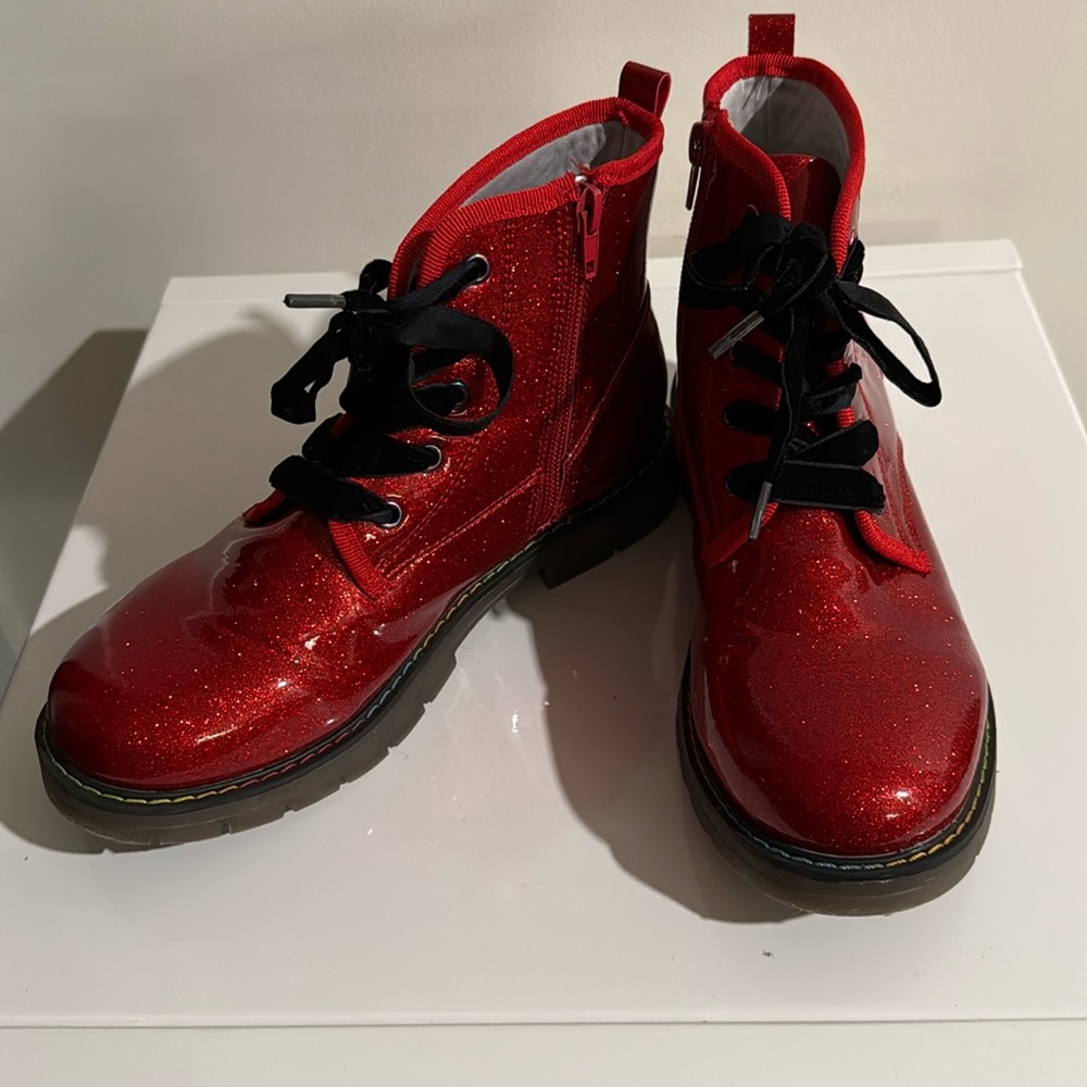 Dream Pairs Kids Sparkle Red Lace-Up Ankle Boots